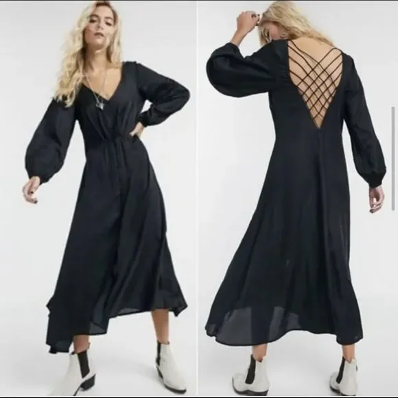 later days midi dress Free People Later Days Strappy Satin Midi Dress Blue 3/4 Sleeve sz 12